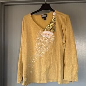 Women's Berer Christmas Party 2X Gold Metallic Sequins Santa Pullover Top V Neck